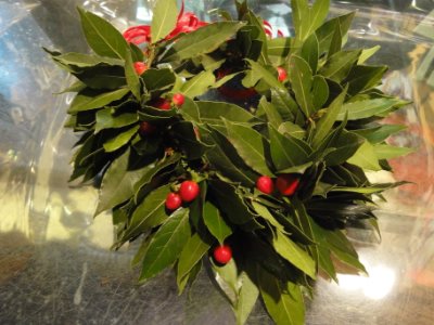 Foto Laurel crown with red ribbon and red Hypericum